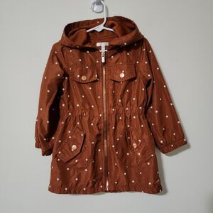 Tahari Girl Toddlers Full-Zip Trench Coat Hood Brown White Polka-Dot Logo Sz 3T